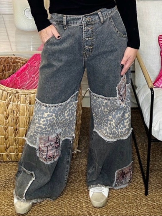 POL Denim - Wide-Leg Patchwork Jeans in Washed Black